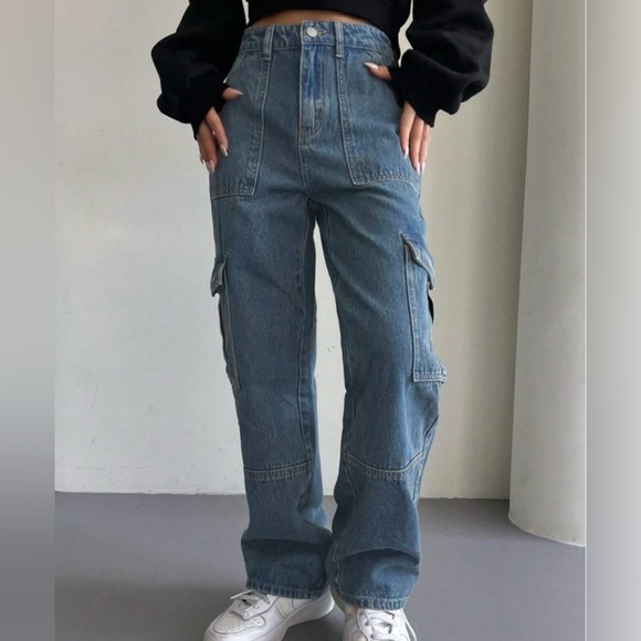 Zara Cargo Pants High Waisted Pockets Medium Blue Denim Bloggers Favorite Size 0 - Picture 16 of 16